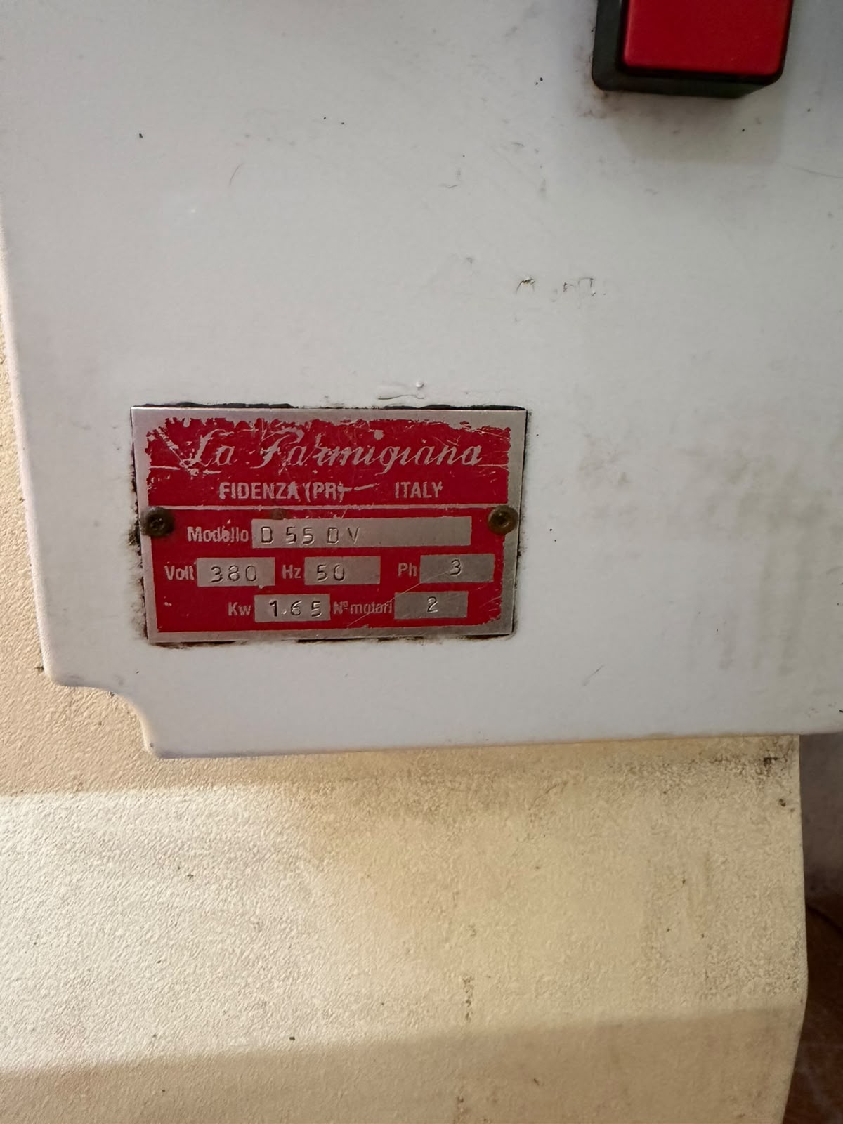 Placa de la extrusora: La Parmigiana, Modello D55 DV, 380 V, 1,65 kW, 2 motores